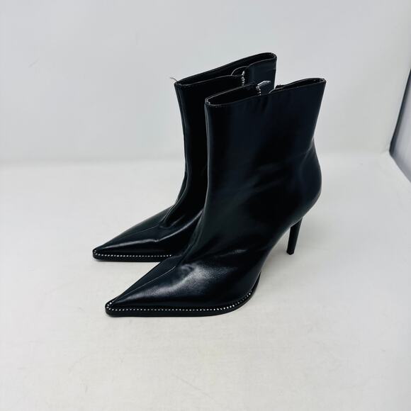 Zara Black Pointed Toe Ankle Boots 39 High Heel Zip Up Stud Trim Sleek Edgy - Picture 11 of 11